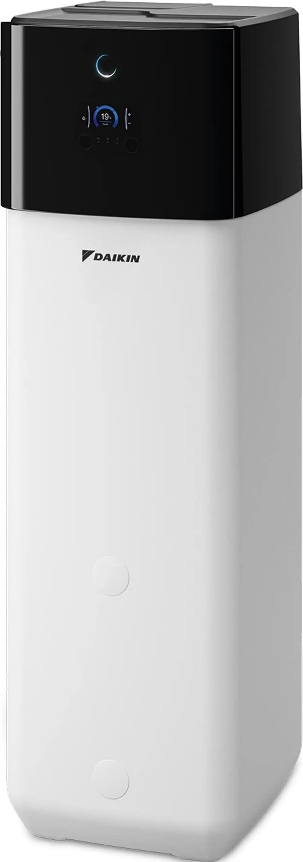 Vertikales Heizgerät in Weiß und Schwarz von Daikin mit digitalem Display und Bedienelementen im oberen Bereich.